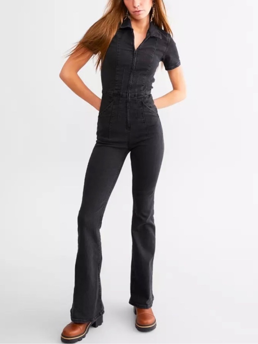 We The Free Black Jayde Zip-Front Flare-Leg Jumpsuit Medium 8816
